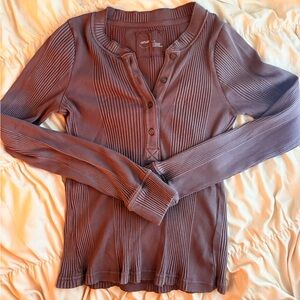 Aerie Ribbed Henley Long Sleeve Top - Mauve